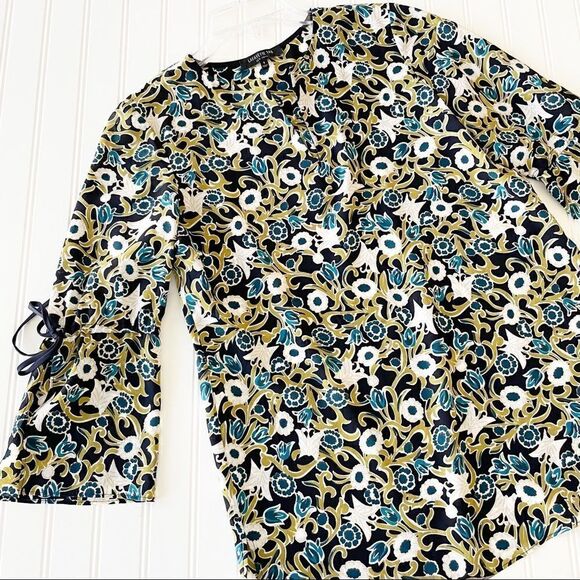 Lafayette 148 New York Floral V-Neck Blouse 3/4 Tie Sleeve Black Blue Green S - Picture 4 of 7